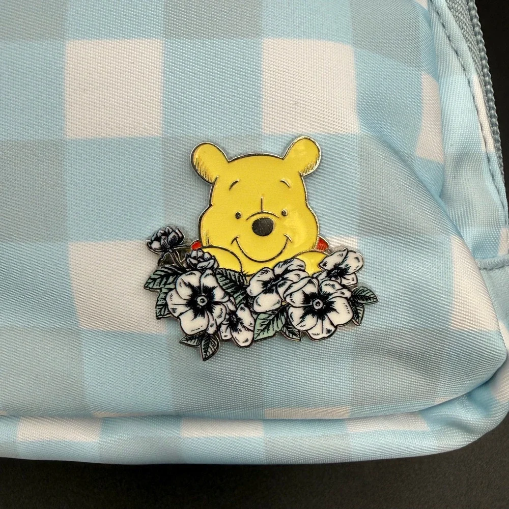 Disney Winnie Pooh Gingham Fanny Pack Blue White Bioworld Waist Bag Enamel Pin